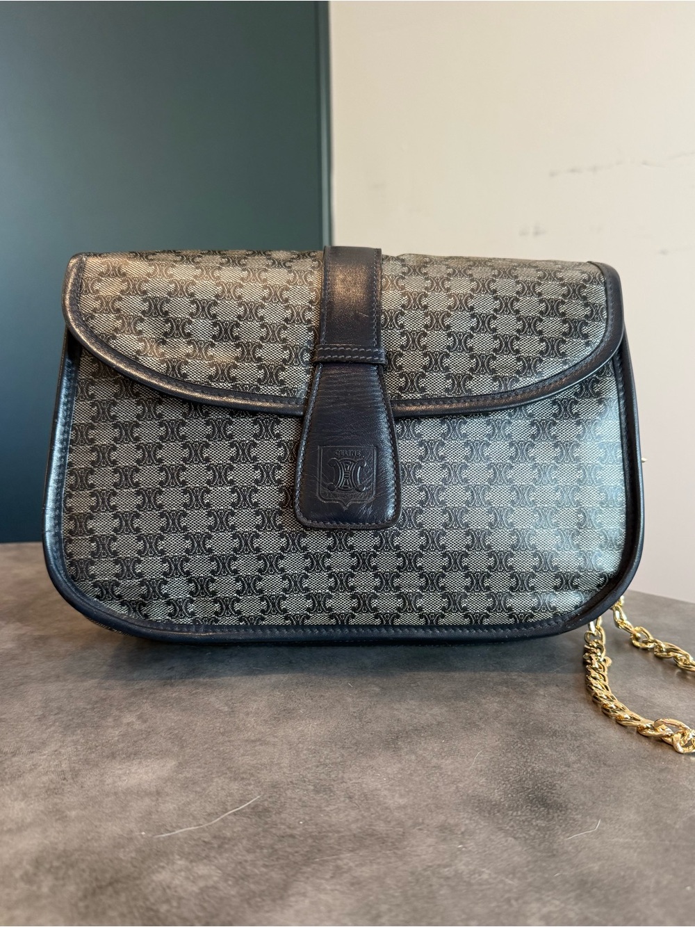 Celine Navy Blue Monogram leather and PVC Bag with Gold Chain - Picture 3 of 13